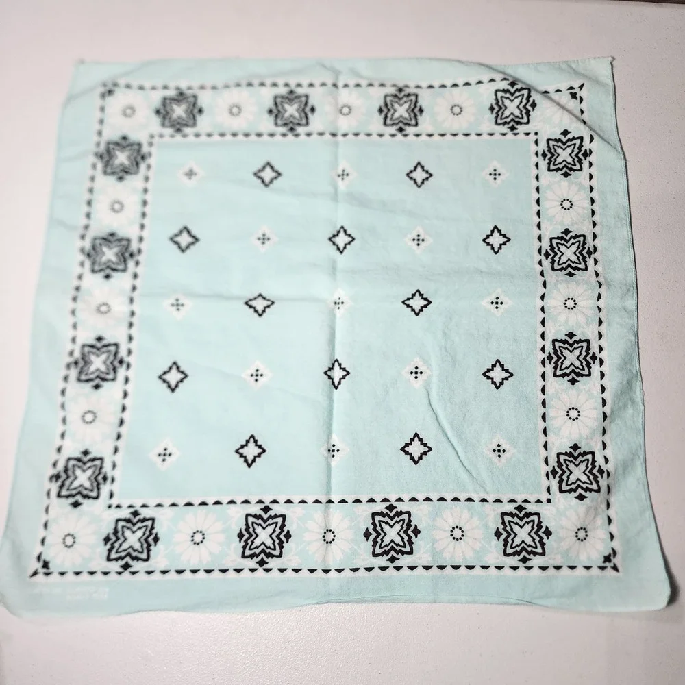 Vintage RN 13962 Light Teal Blue Cotton Floral Geometric Bandana Neckerchief